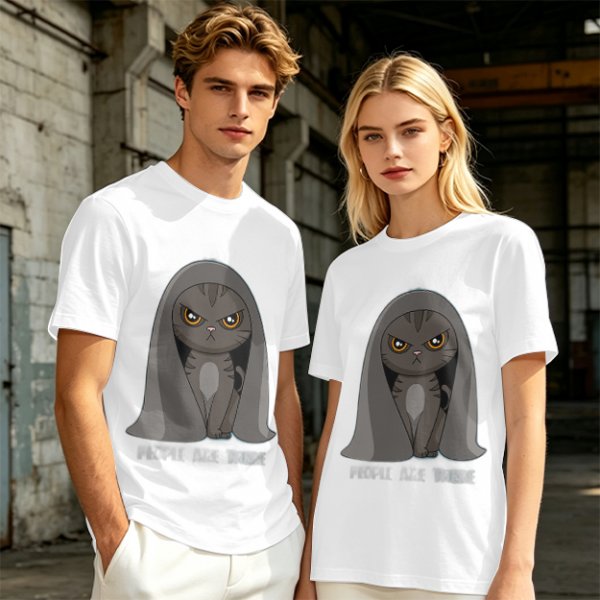 Olive T-shirt with Angry Cat in Hooded Cloak Graphic Print