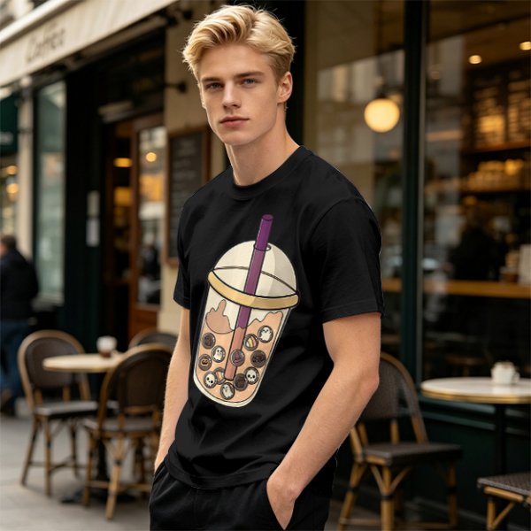 Olive T-Shirt With Halloween Themed Boba Tea Graphic