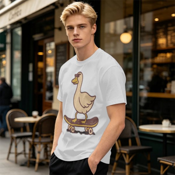 Olive T-Shirt Featuring a Cool Duck Wearing Sunglasses Riding a Skateboard