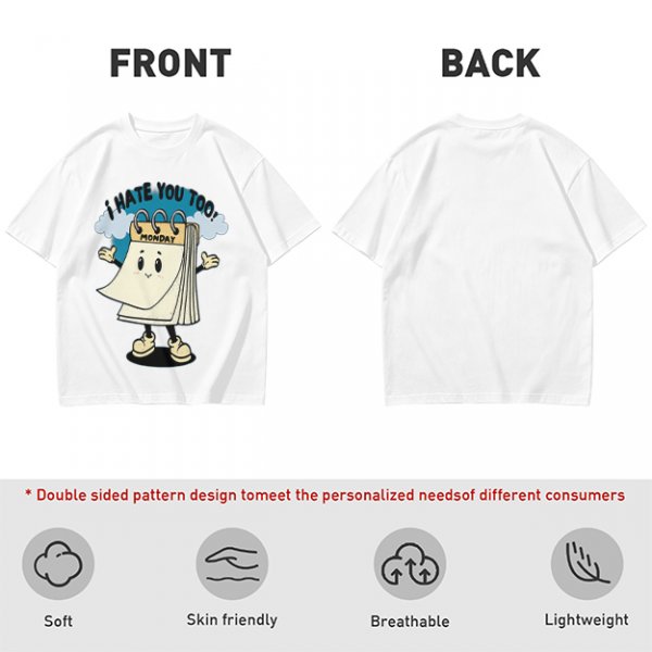 Olive t-shirt with cartoon Monday calendar graphic and 'I HATE YOU TOO' text