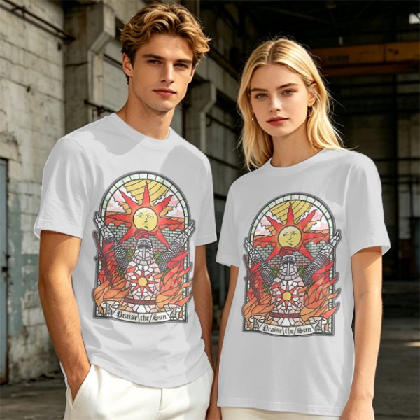 Olive T-Shirt With Stained Glass Style Praise The Sun Knight Print