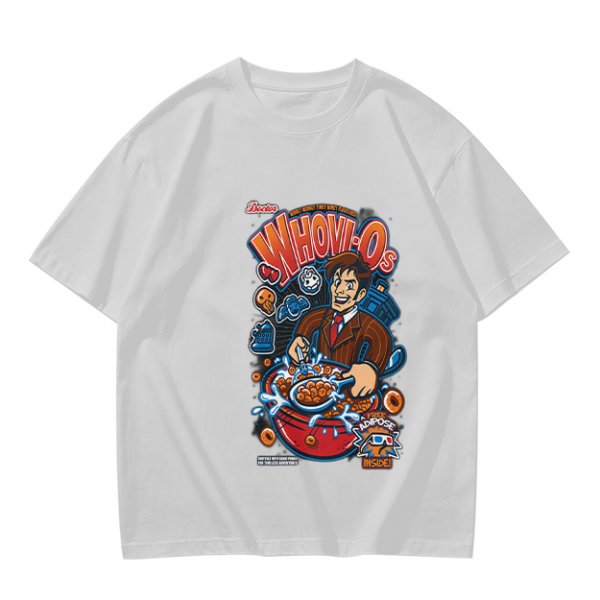 Olive green t-shirt with Doctor Who themed Whovio's cereal graphic