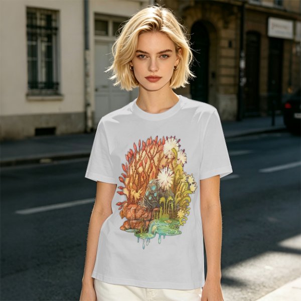 Olive Green T-Shirt with Whimsical Nature Floral and Rock Art Print