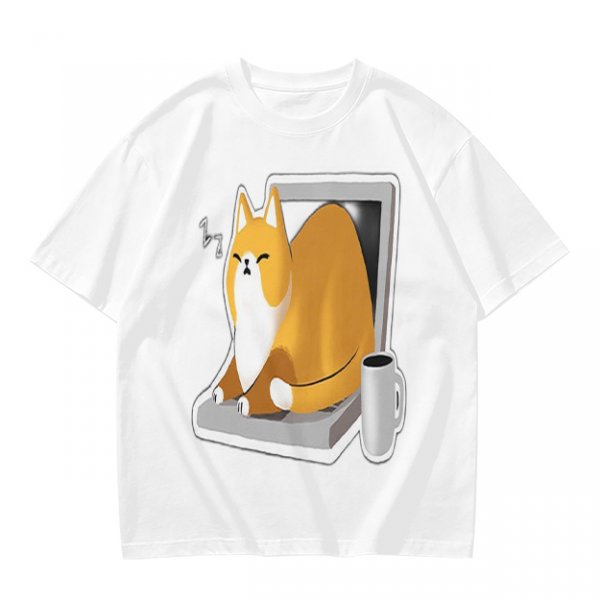 Olive T-Shirt with a Sleeping Cat on a Laptop Print
