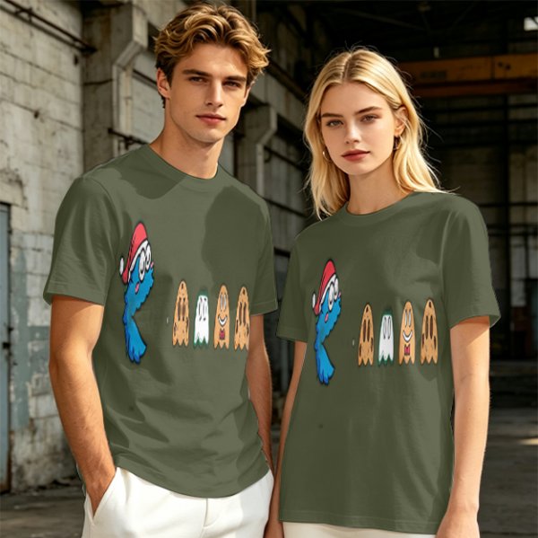 Olive T-Shirt With Blue Monster And Ghost Graphic Print