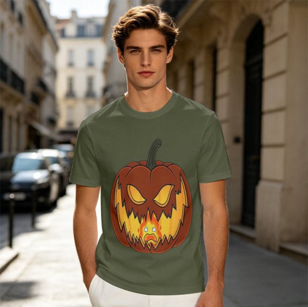 Olive Green T-Shirt With Scary Jack O' Lantern Pumpkin Print