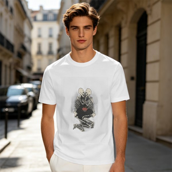 Olive T-Shirt With Skeleton Couple Embracing Red Heart Print