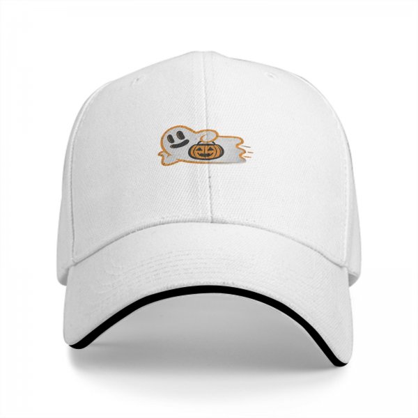 Black Baseball Cap With Cute Ghost Holding Jack O Lantern Halloween Design