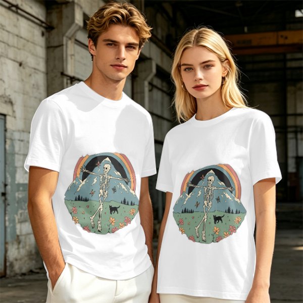 Olive T-shirt with Dancing Skeleton Mountain Rainbow Cat Graphic