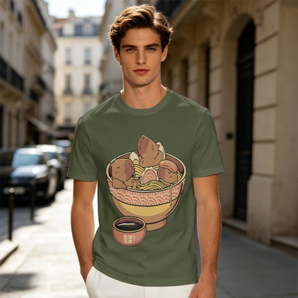 Olive Green T-Shirt With Capybara Ramen Bowl Print