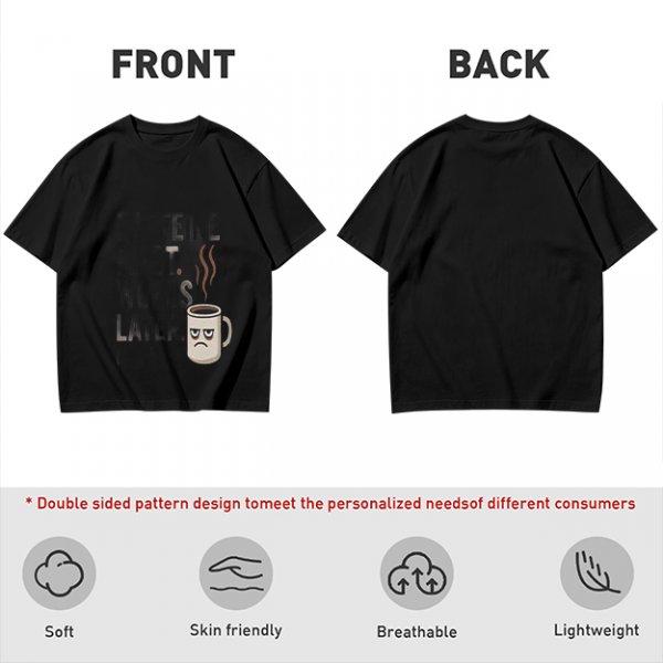 Olive t-shirt with 'Caffeine First Words Later' grumpy coffee mug print