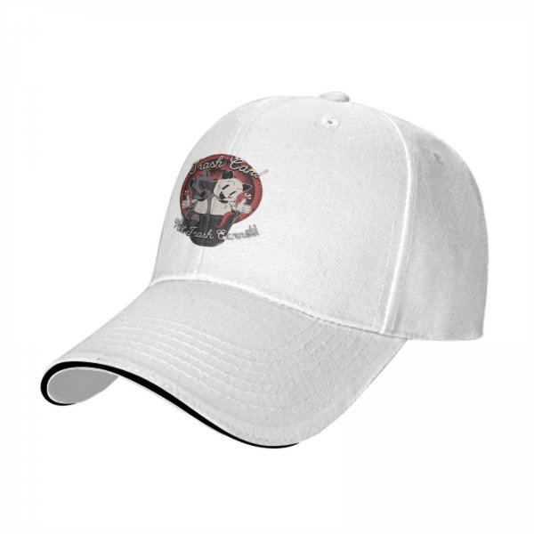 Black baseball cap with retro raccoon and cat trash can graphic