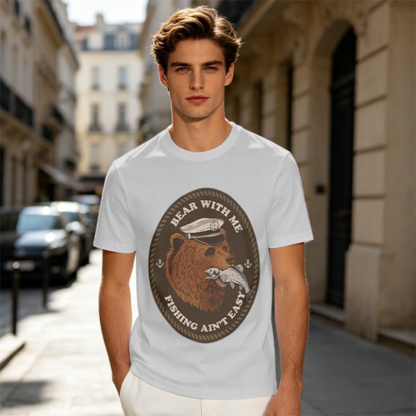 Olive t-shirt with bear captain fishing pun graphic