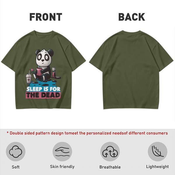 Olive t-shirt with panda drinking coffee and 'Sleep is for the dead' text