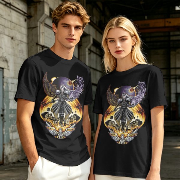 Olive T-shirt with dark fantasy winged warrior graphic print