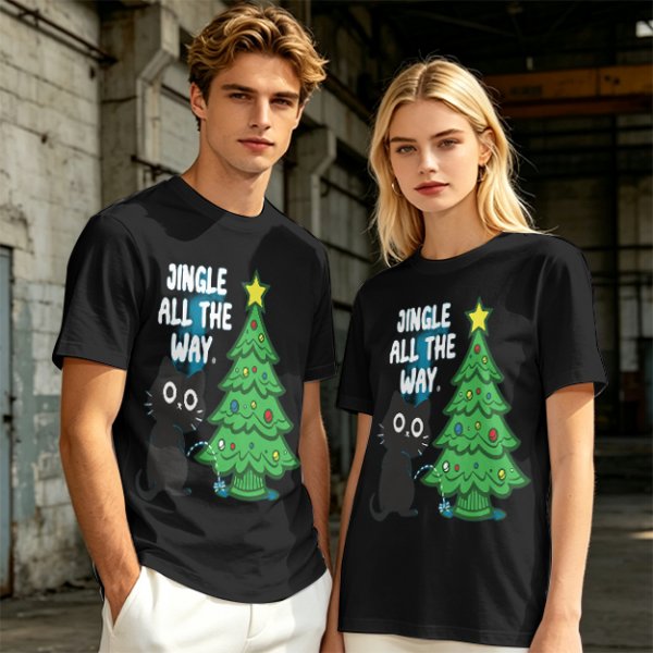 Olive Christmas Cat T-Shirt with Jingle All The Way Print