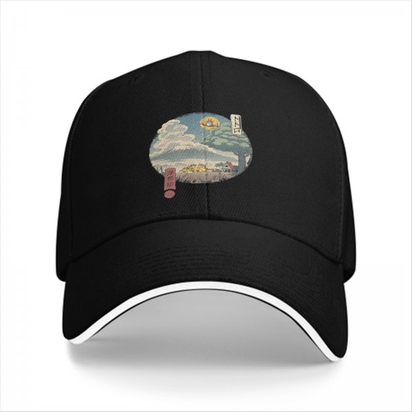 Black Baseball Cap with Traditional Landscape Art Print