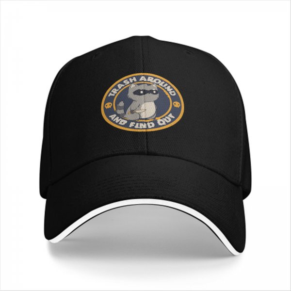 Black baseball cap with raccoon trash around and find out graphic