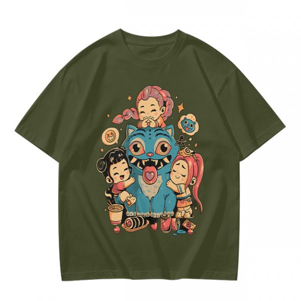 Olive T-Shirt With Cute Chibi Monster And Girls Graphic Print