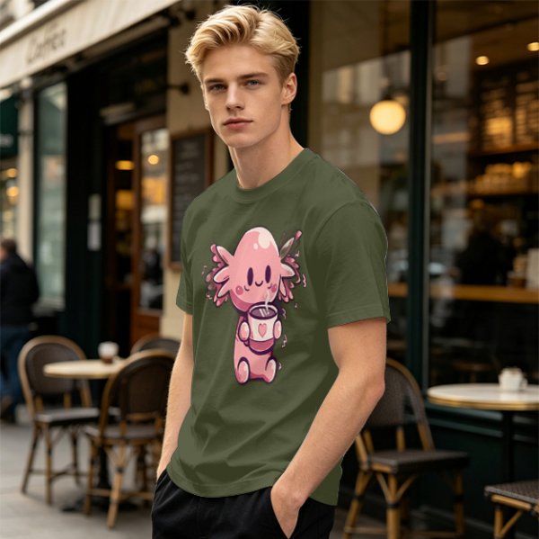 Olive T-Shirt With Cute Axolotl Holding Hot Drink Print