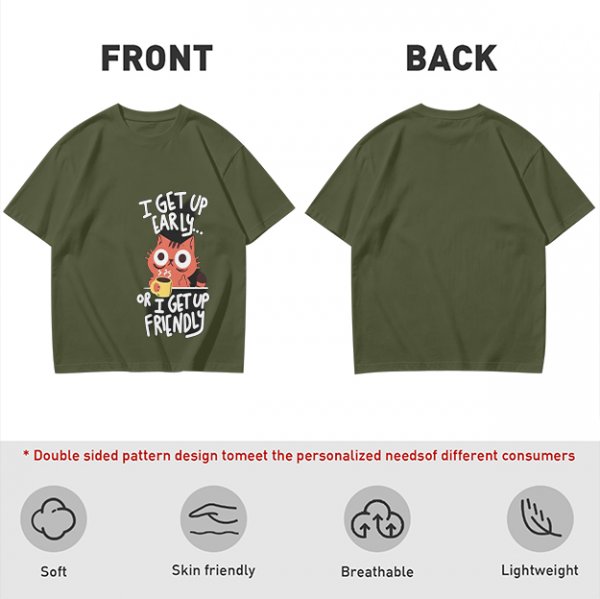 Olive t-shirt with funny cat coffee early morning quote