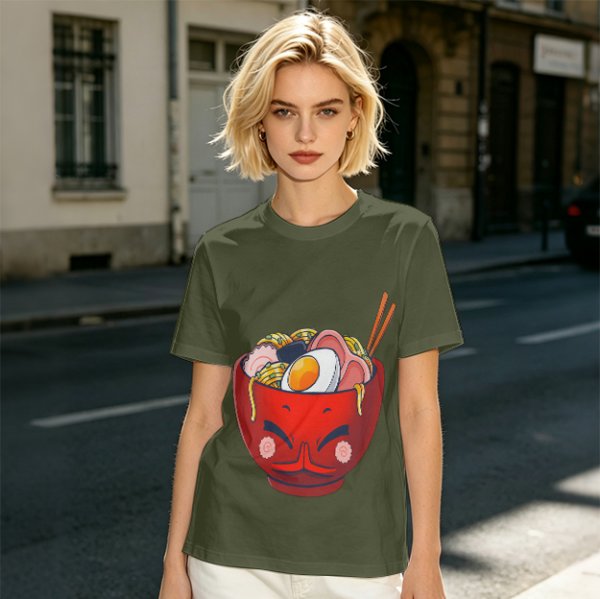 Olive T-Shirt With Cute Cartoon Ramen Bowl Graphic