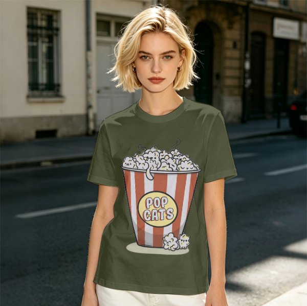Olive T-Shirt With Pop Cats Popcorn Bucket Graphic
