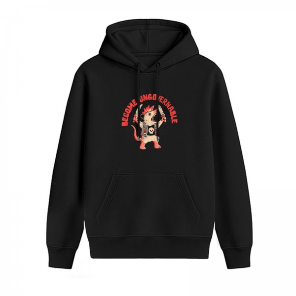 Black hoodie with punk dinosaur graphic and 'Become Ungovernable' text