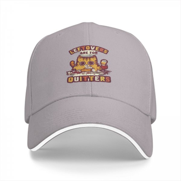 Black baseball cap with 'Leftovers Are For Quitters' cat graphic