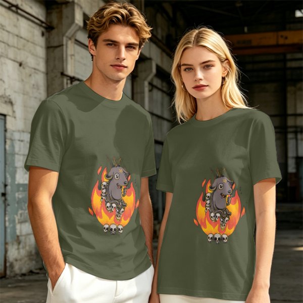 Olive T-Shirt With Cartoon Goat On Flames And Skulls Print