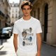 Olive green graphic tee with coffee cup illustrations and playful coffee text
