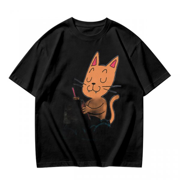 Olive T-Shirt with Cartoon Cat at Grave Print