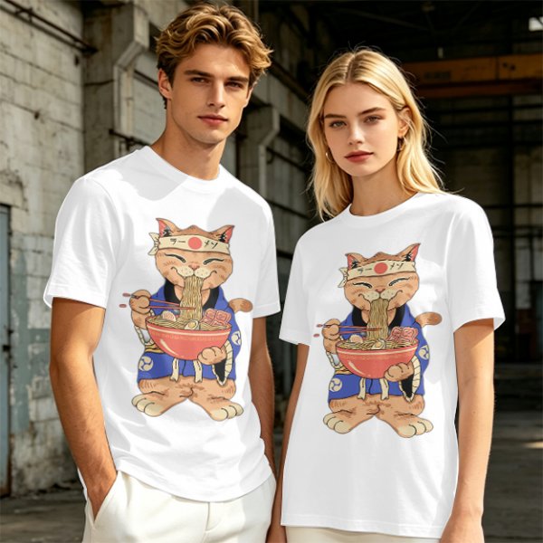 Olive T-Shirt Featuring a Cat in a Headband Eating Ramen