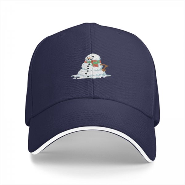Black baseball cap with a melting snowman graphic for winter style