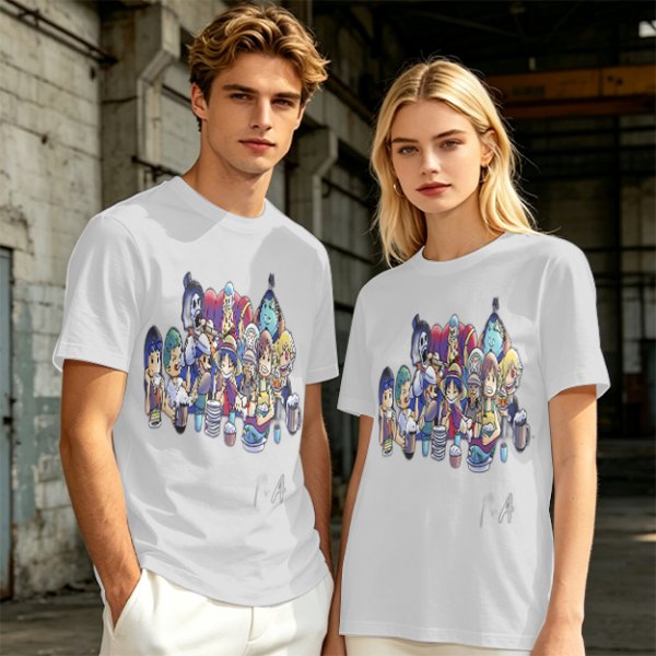 Olive T-Shirt with Anime Character Group Coffee Print
