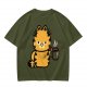 Olive T-Shirt With Grumpy Orange Cat Holding Hot Coffee Print
