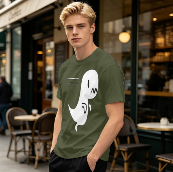 Olive T-Shirt With Cute Running Ghost Dinosaur Graphic Print