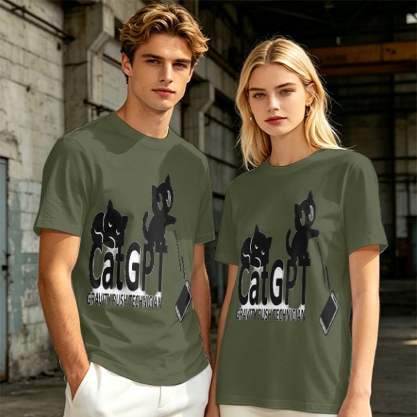 Olive green graphic t-shirt with CatGPT and mischievous cat prints