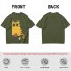 Olive T-Shirt With Cute Surprised Orange Tabby Cat Holding Meat Print