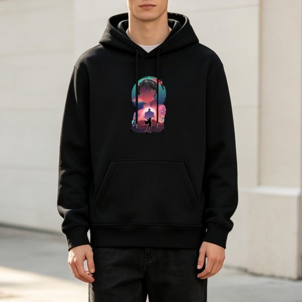 Black Anime Graphic Hoodie With Sunset Silhouette Art