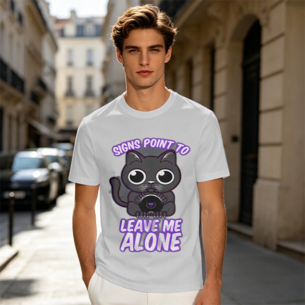 Olive t-shirt with a black cat holding a magic 8 ball and text 'Signs Point To Leave Me Alone'