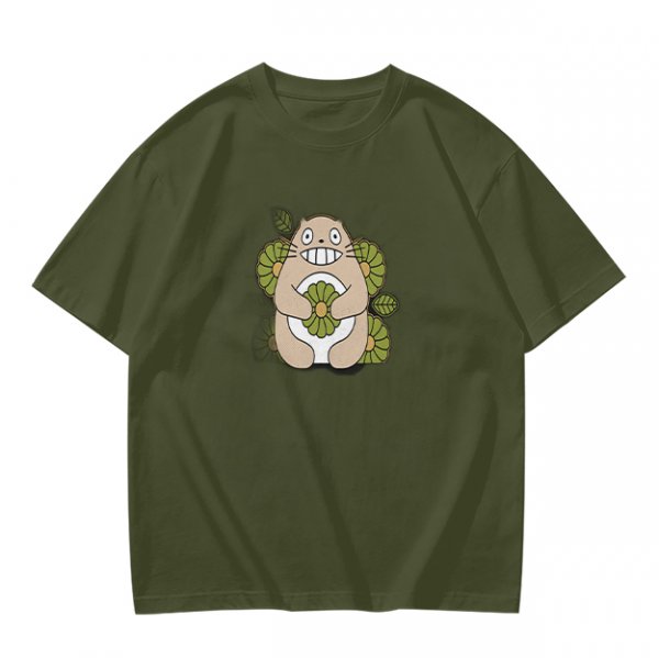 Olive Green T-Shirt With Cute Totoro And Leaf Print
