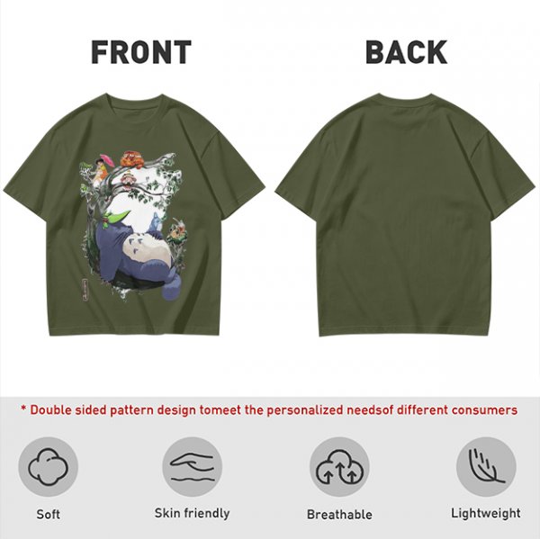Olive green t-shirt with My Neighbor Totoro forest scene print