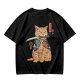 Olive T-Shirt With Samurai Cat Holding Katana And Koi Tattoos