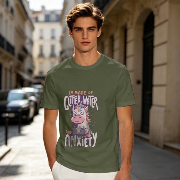 Olive t-shirt with anxious unicorn glitter water and anxiety print