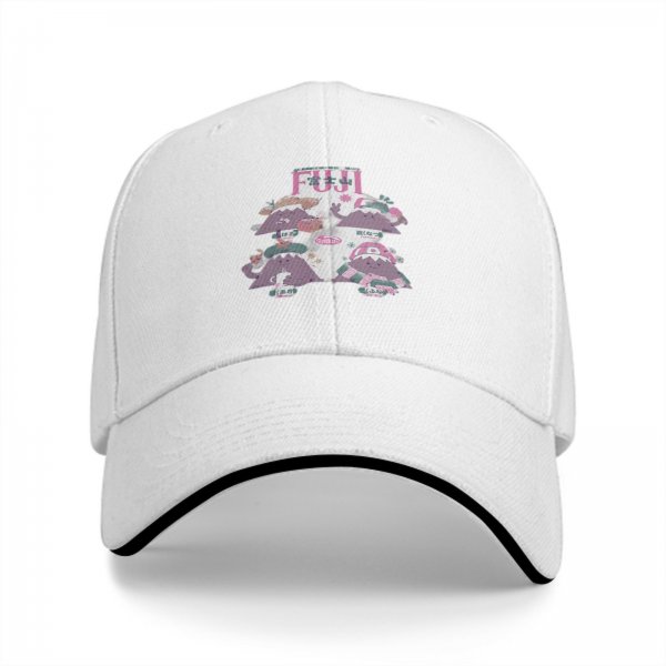 Black baseball cap with cute Mount Fuji character graphic design