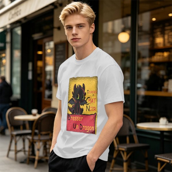 Olive t-shirt featuring Toothless dragon and Chat Noir themed text