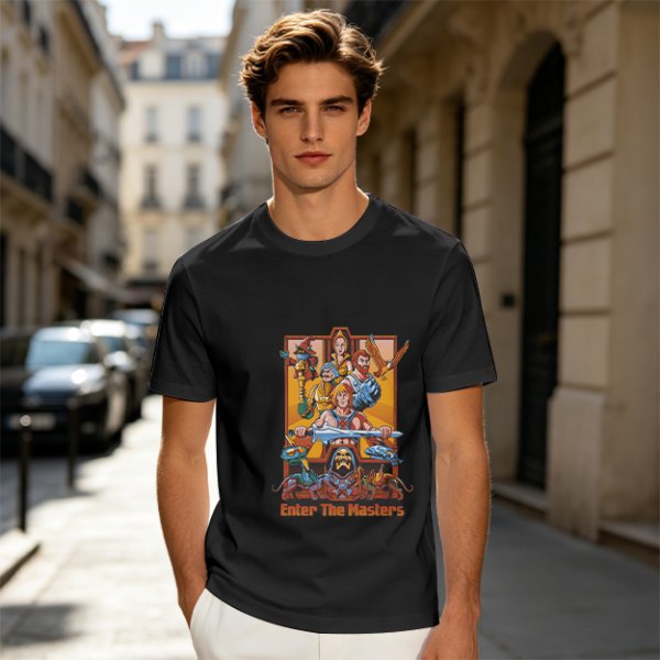 Olive green t-shirt with Masters of the Universe graphic print