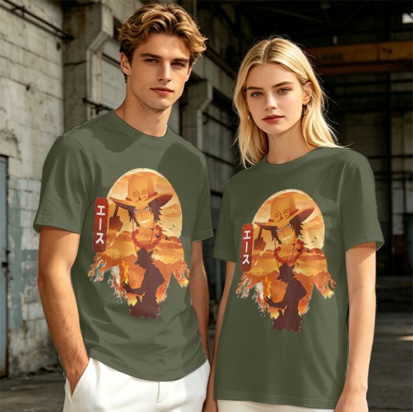 One Piece Portgas D. Ace Graphic Olive T-Shirt