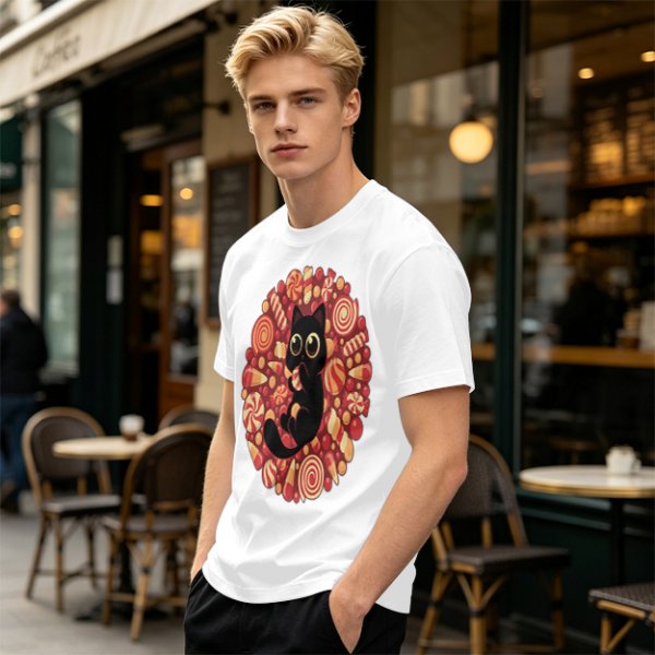 Olive T-Shirt With Cute Black Cat Holding Candy Surrounded By Sweets